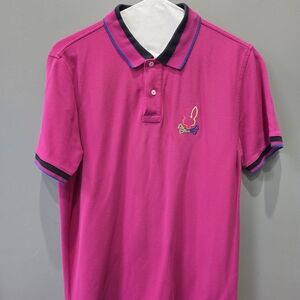 PsychoBunny Men's Bright Pink Polo w/ Striped Sleeve And Collar Trim Rainbow XL